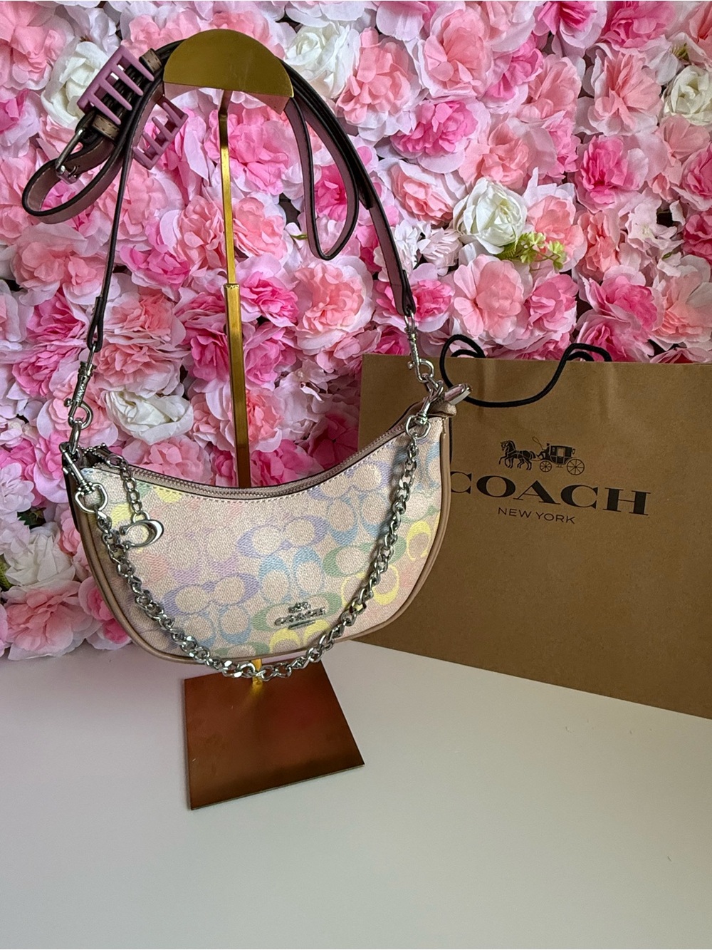 Coach Pastel Rainbow Signature Crescent Shoulder Bag - Pink/Beige - Picture 3 of 4